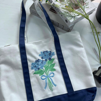 Blue Hydrangea Embroidered Canvas Tote Bag - Bridesmaid Gift - Floral Bachelorette Party Bag - Summer Vacation Beach Tote
