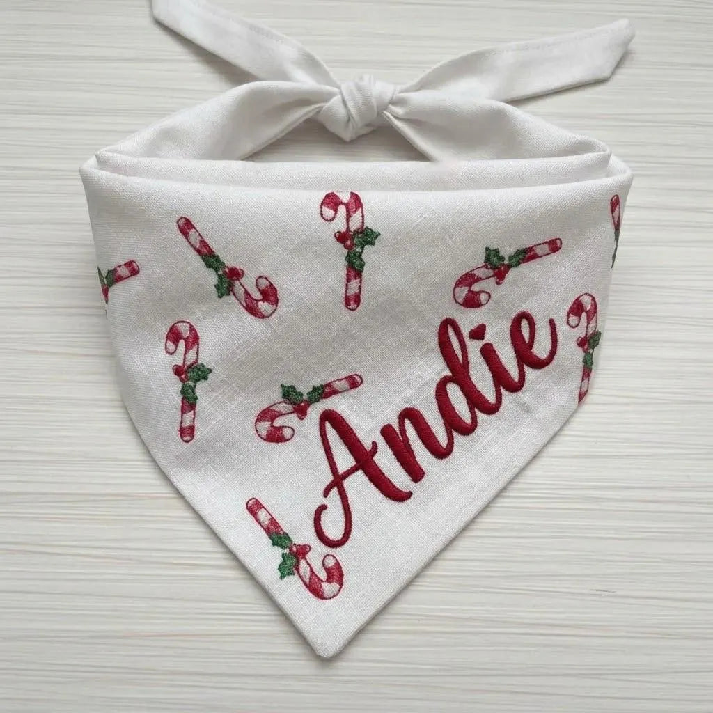 Personalized Christmas Dog Bandana, Candy Cane Striped Pet Scarf, Custom Embroidered Name Puppy Bandana, Holiday Pet Gift