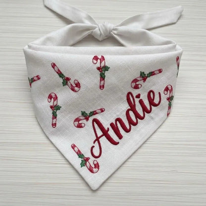 Personalized Christmas Dog Bandana, Candy Cane Striped Pet Scarf, Custom Embroidered Name Puppy Bandana, Holiday Pet Gift