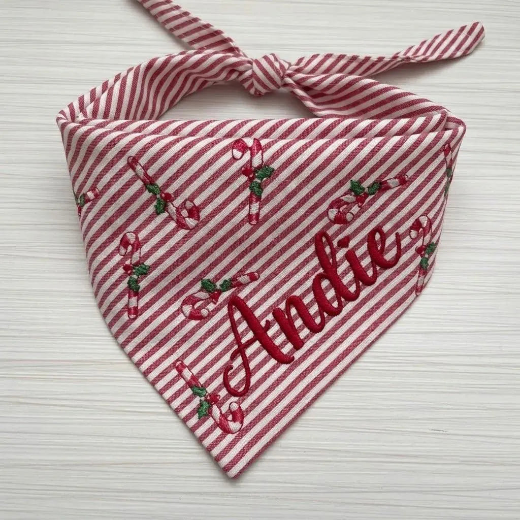 Personalized Christmas Dog Bandana, Candy Cane Striped Pet Scarf, Custom Embroidered Name Puppy Bandana, Holiday Pet Gift