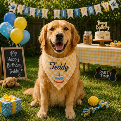 Personalized Dog Birthday Bandana, Custom Name Embroidered Cake Pet Scarf, Gingham Puppy Party Gift