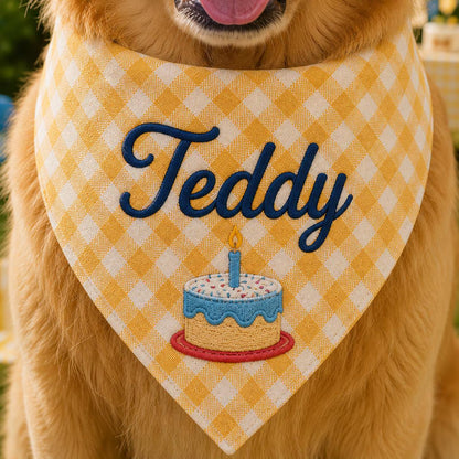 Personalized Dog Birthday Bandana, Custom Name Embroidered Cake Pet Scarf, Gingham Puppy Party Gift