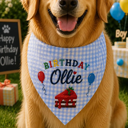 Personalized Dog Birthday Bandana, Custom Name Embroidered Cake Pet Scarf, Gingham Puppy Party Gift