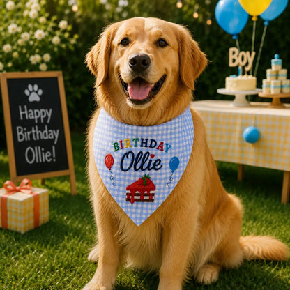Personalized Dog Birthday Bandana, Custom Name Embroidered Cake Pet Scarf, Gingham Puppy Party Gift