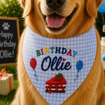 Personalized Dog Birthday Bandana, Custom Name Embroidered Cake Pet Scarf, Gingham Puppy Party Gift