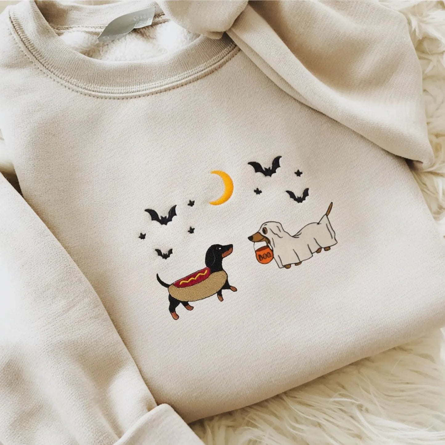 Embroidered Halloween Dachshunds Sweatshirt, Spooky Season Pup Crewneck, Haloween Pet Sweatshirt, Halloween Party Cute Shirt For Dog Mom