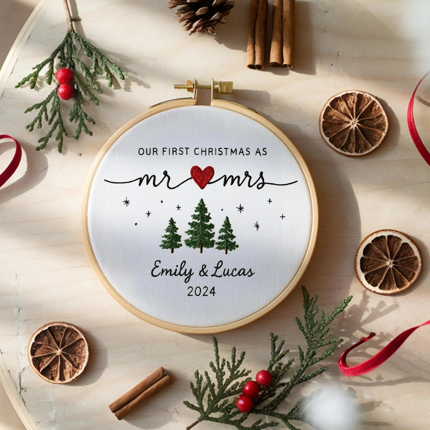 Custom First Christmas as Mr & Mrs Ornament, Custom Embroidered Hoop, Wedding Gift, Couples Christmas Decoration