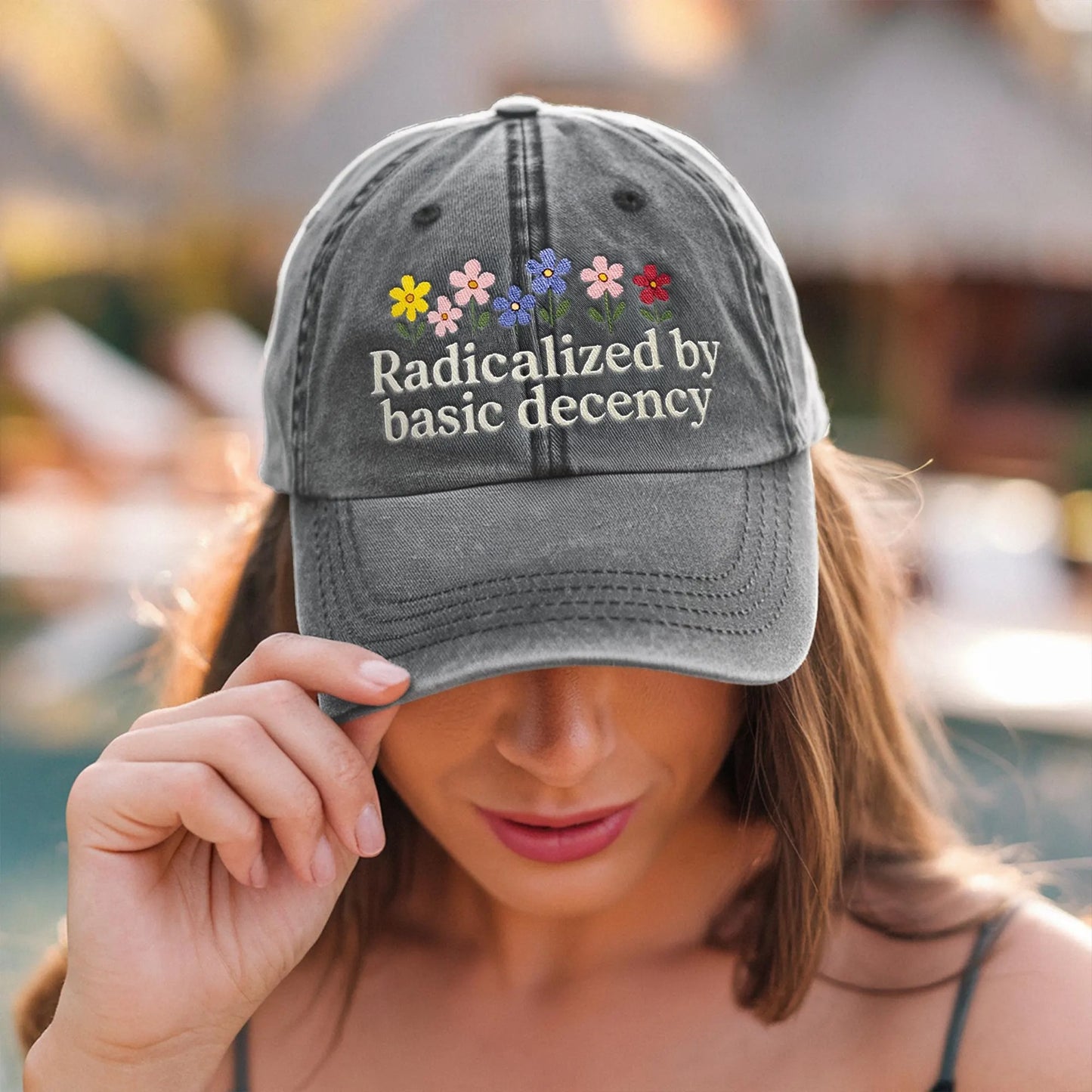 Radicalized By Basic Decency Embroidered Hat, Feminist Cap, Resist Democracy Gift