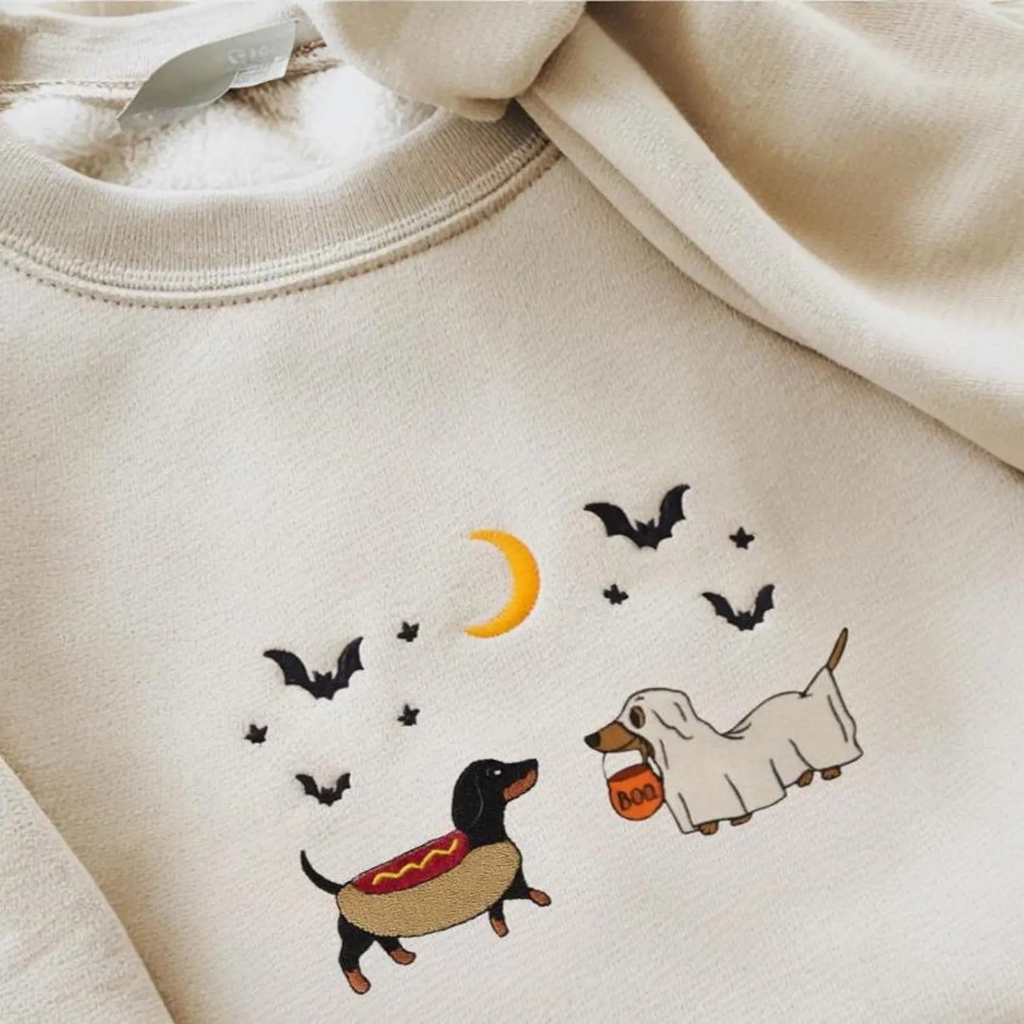 Embroidered Halloween Dachshunds Sweatshirt, Spooky Season Pup Crewneck, Haloween Pet Sweatshirt, Halloween Party Cute Shirt For Dog Mom
