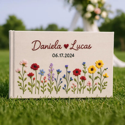 Custom Floral Hand Embroidered Wedding Guest Book, Personalized Memory Album, Floral Wedding Guestbook Ideas, Custom Personalized Memory Book