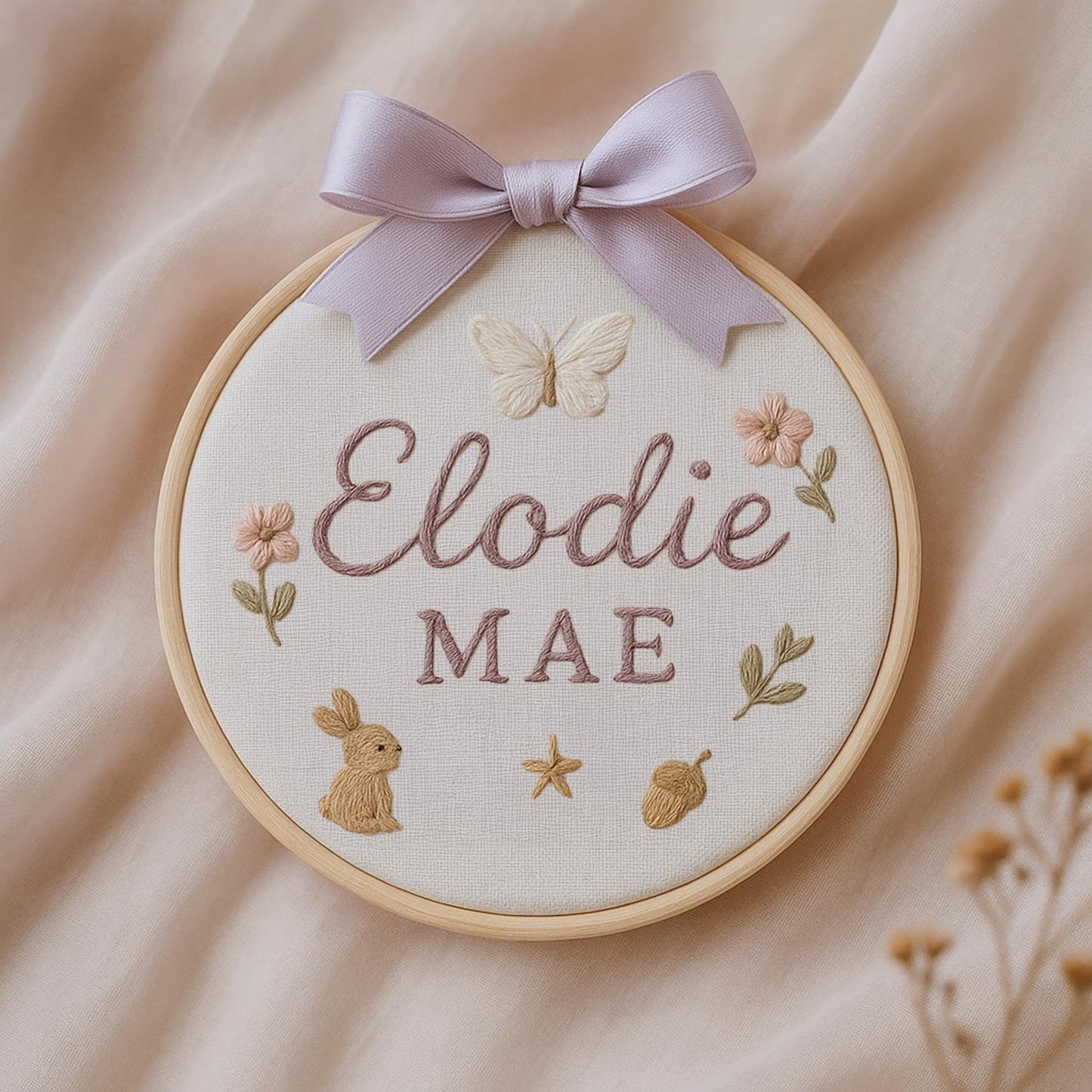Personalized Baby Name Embroidery Hoop, Floral Bunny Wall Decor, Custom Woodland Nursery Sign