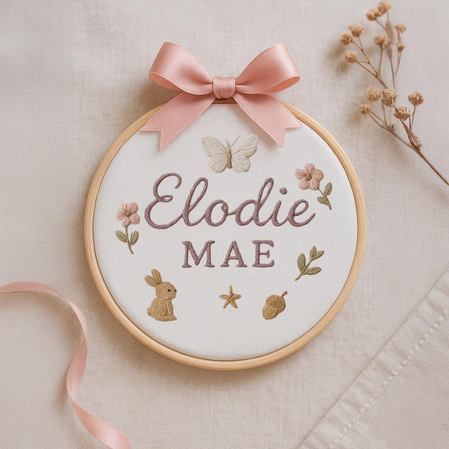 Personalized Baby Name Embroidery Hoop, Floral Bunny Wall Decor, Custom Woodland Nursery Sign