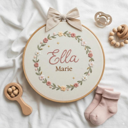 Custom Embroidered Baby Name Hoop, Personalized Floral Nursery Art Decor