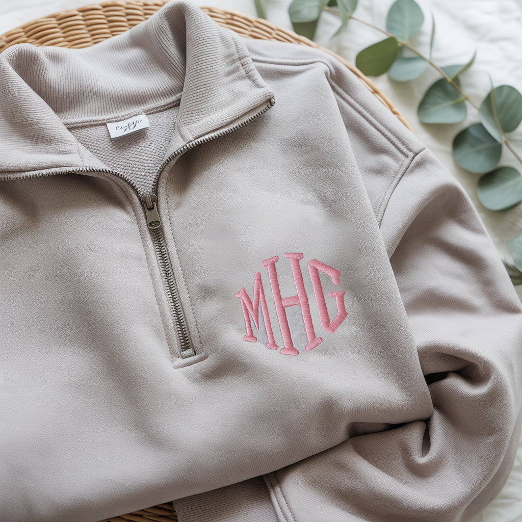 Monogrammed Quarter Zip Sweatshirt, Custom letter, Embroidery text.