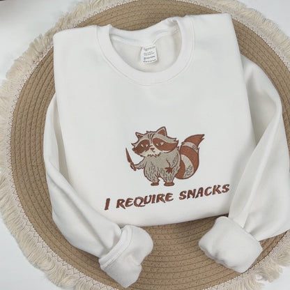 I Require Snacks Embroidered Sweatshirt, Chaotic Cute Animal Shirt