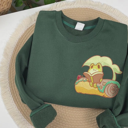 Frog Reading On A Log Embroidered Sweatshirt, Nature Lover Gift
