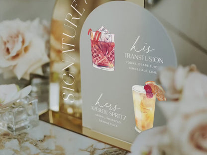 Custom Wedding Signature Drink Sign, Gold Mirror Bar Menu Sign, His and Hers Wedding Cocktails