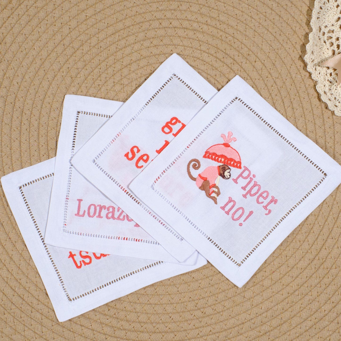 White Lotus Embroidered Cocktail Napkins